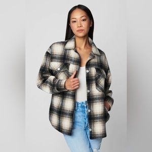 NWT BlankNYC Checked Out Brushed Finish Plaid Shirt Jacket Tan Black Size L